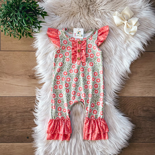 Green & Peach Floral Romper